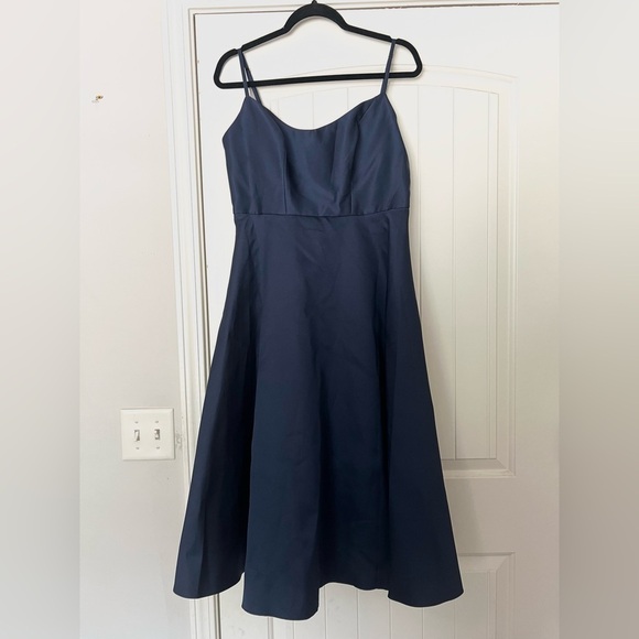 NWT Alfred Sung Spaghetti-Strap Satin Midi Dress Midnight Navy Blue - Picture 2 of 8